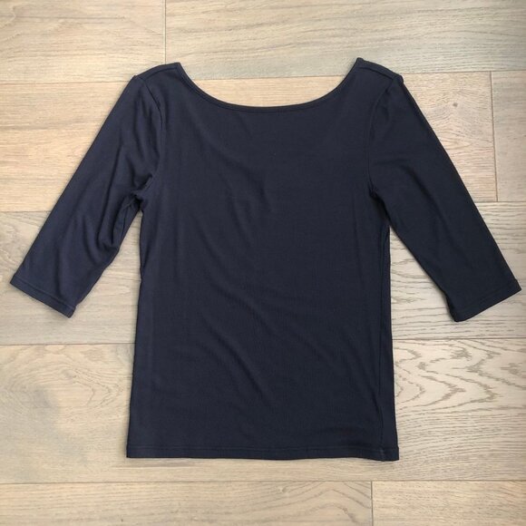 Theory Yorisa Fine Ribbed Boatneck or Scoop Neck Viscose Top Navy Sz M NWOT - Picture 1 of 13